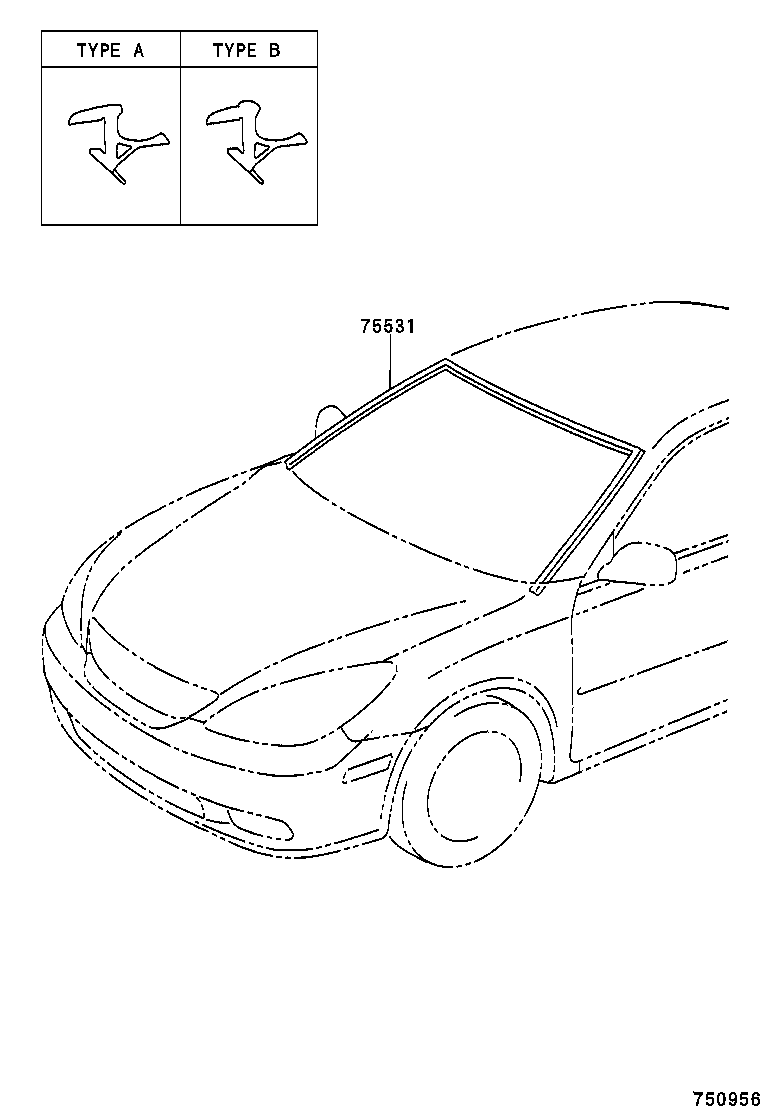 75531-33070 MOULDING, WINDSHIELD, OUTER UPPER product image