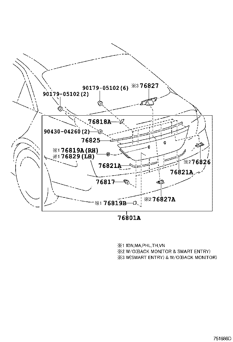 76827-06010 RETAINER, BACK DOOR GARNISH, NO.2 product image