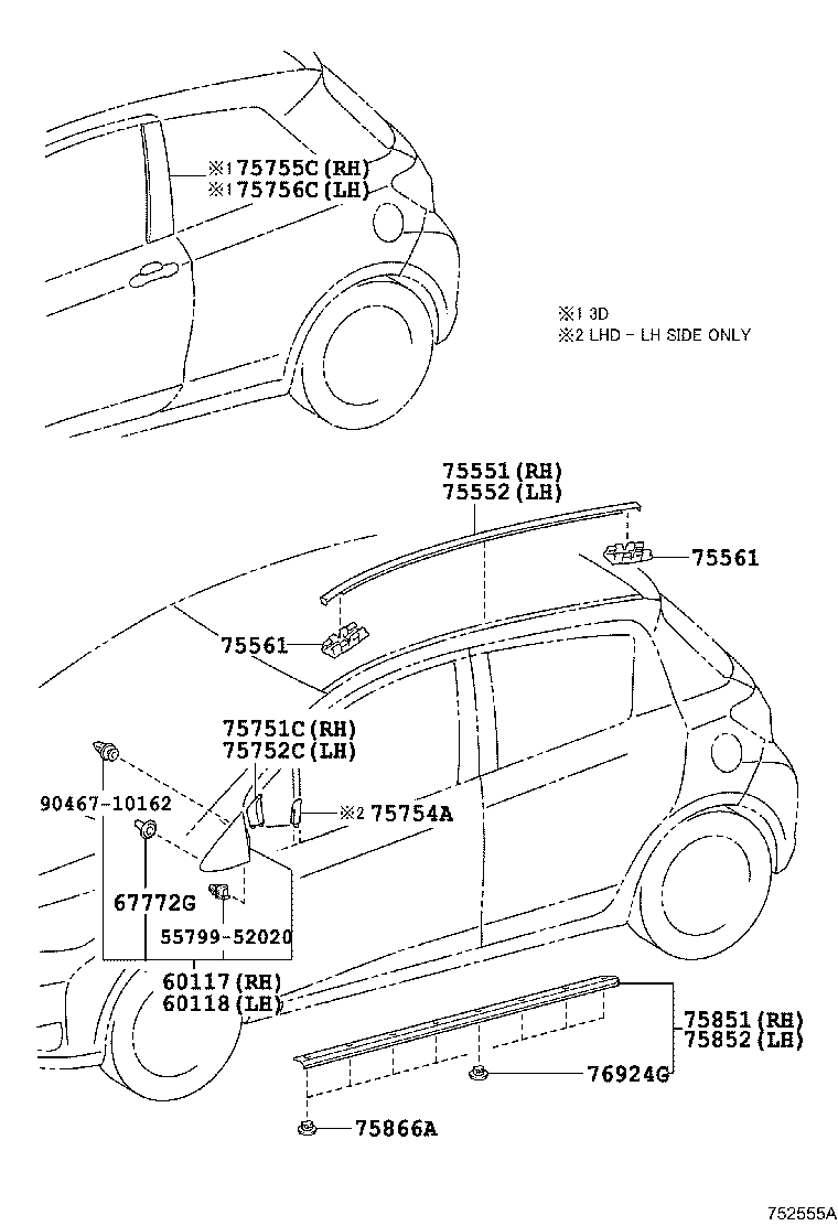 75756-52040 MOULDING, FRONT DOOR WINDOW FRAME, REAR LH product image