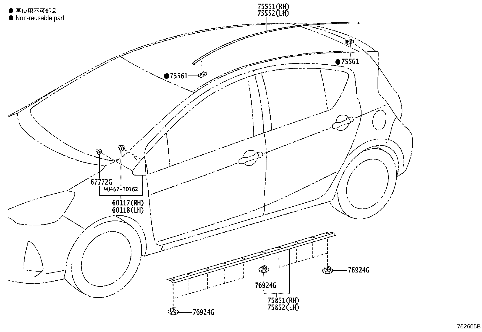 Toyota 75602-52010 MOULDING SUB-ASSY, FRONT FENDER, LH