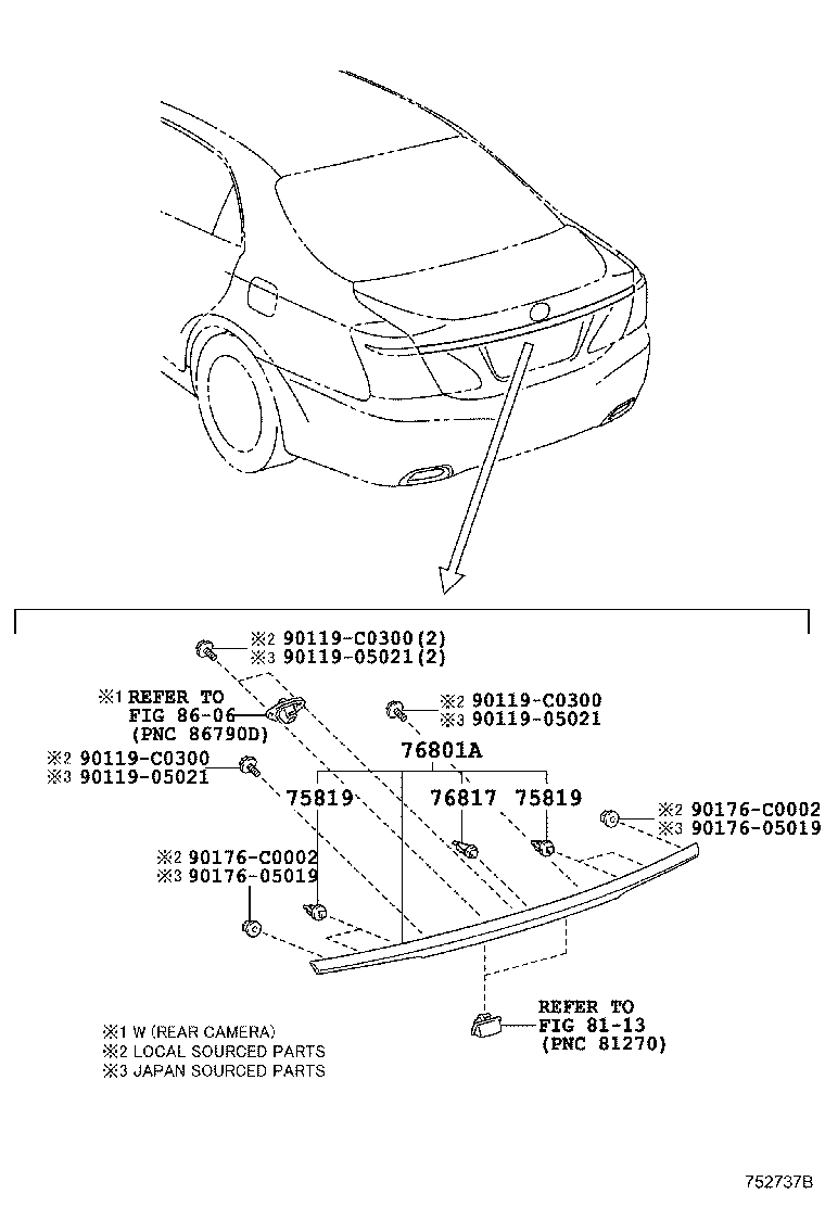 76801-0N080 GARNISH SUB-ASSY, LUGGAGE COMPARTMENT DOOR, OUTSIDE product image