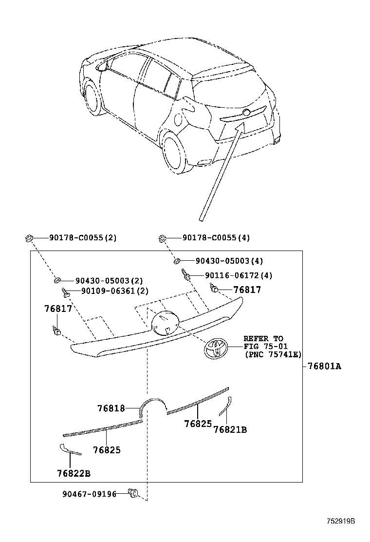 76801-0D440 GARNISH SUB-ASSY, LUGGAGE COMPARTMENT DOOR, OUTSIDE product image