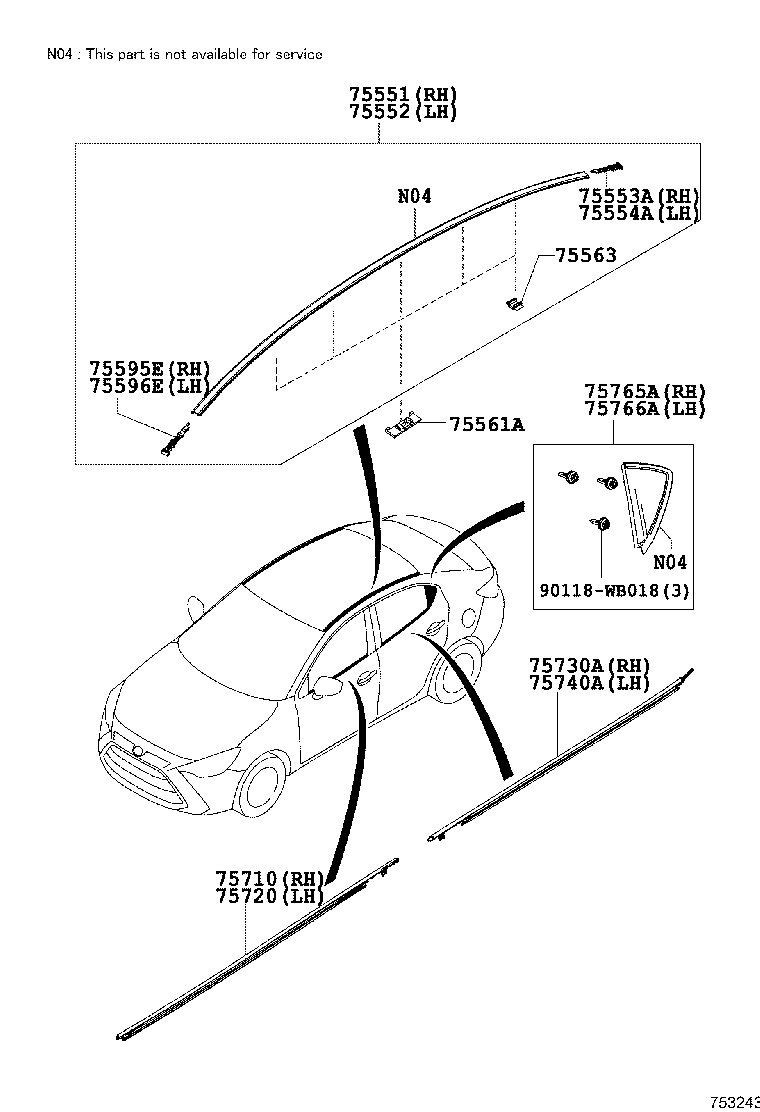 75554-WB002 MOULDING, ROOF DRIP SIDE FINISH, REAR LH product image