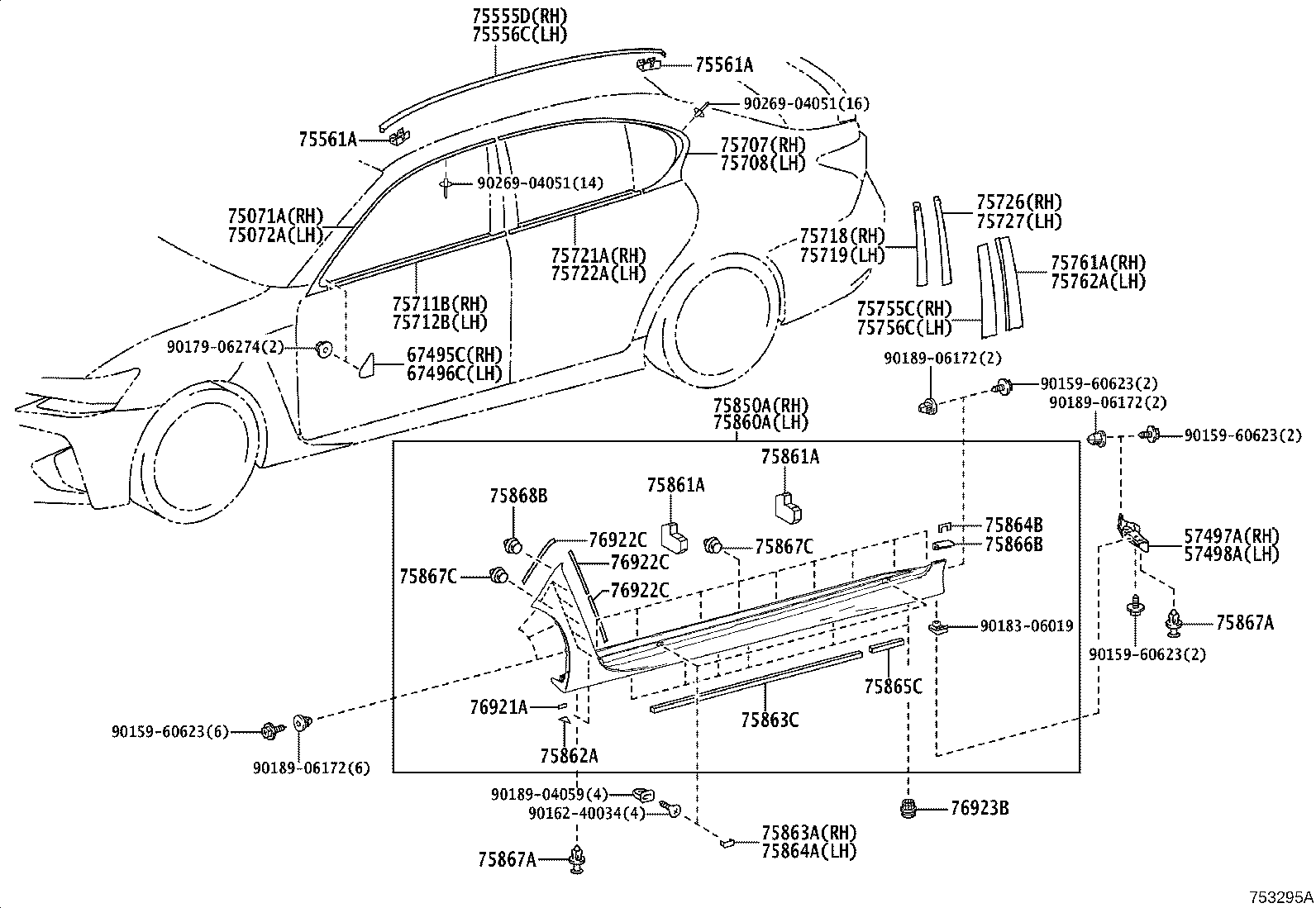 Toyota 75555-30121-B4 MOULDING, ROOF DRIP SIDE FINISH, CENTER RH