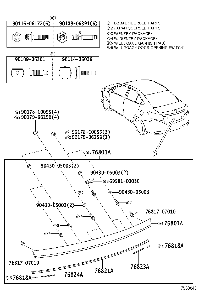 76801-0D730 GARNISH SUB-ASSY, LUGGAGE COMPARTMENT DOOR, OUTSIDE product image