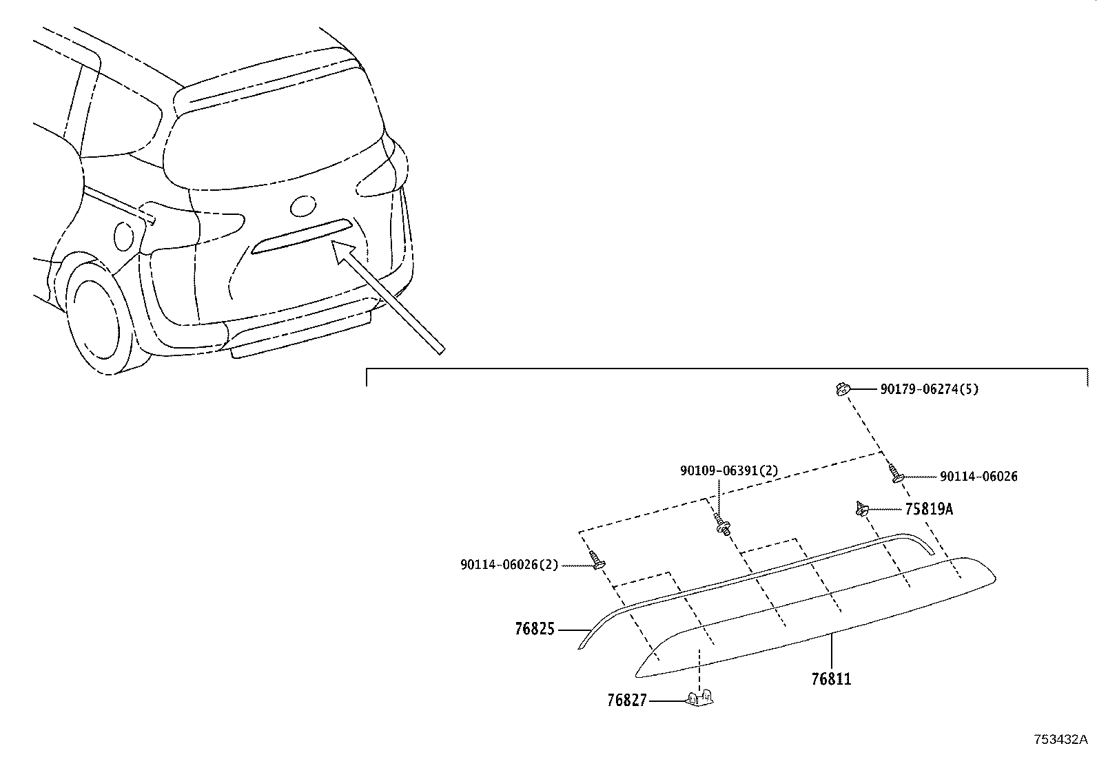 76827-0D020 RETAINER, BACK DOOR GARNISH, NO.2 product image
