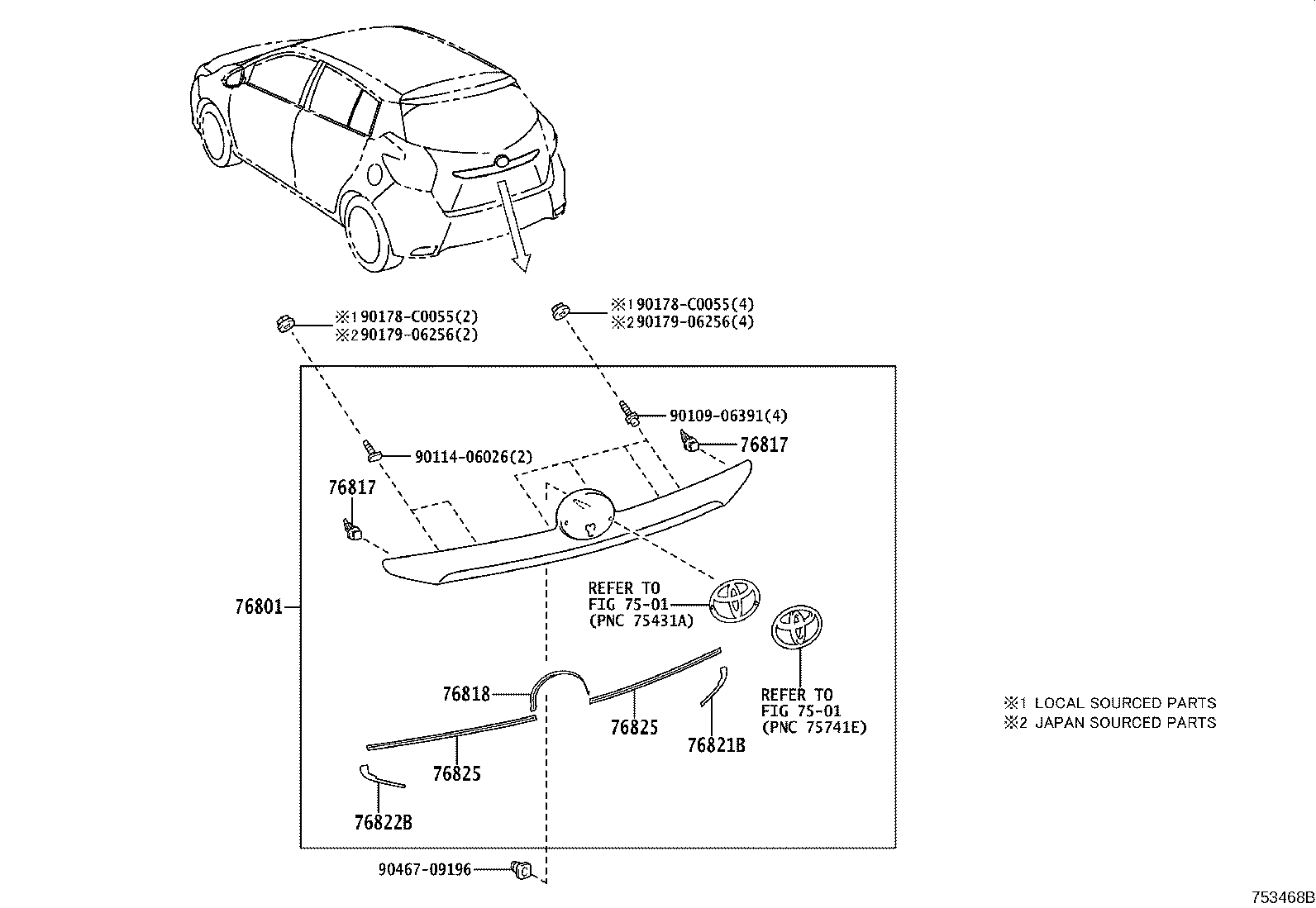 76801-0D730 GARNISH SUB-ASSY, LUGGAGE COMPARTMENT DOOR, OUTSIDE product image