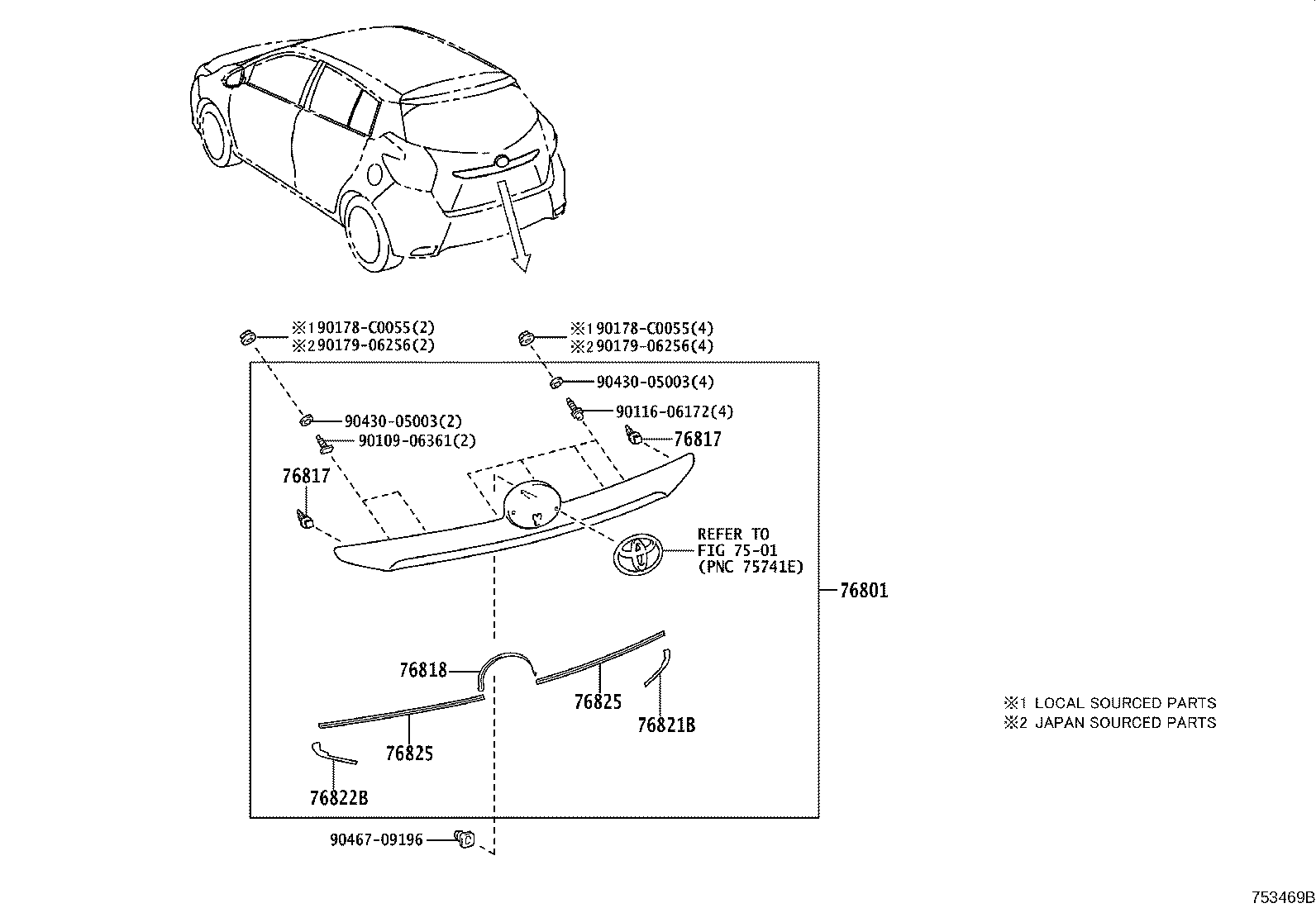 76801-0D730 GARNISH SUB-ASSY, LUGGAGE COMPARTMENT DOOR, OUTSIDE product image