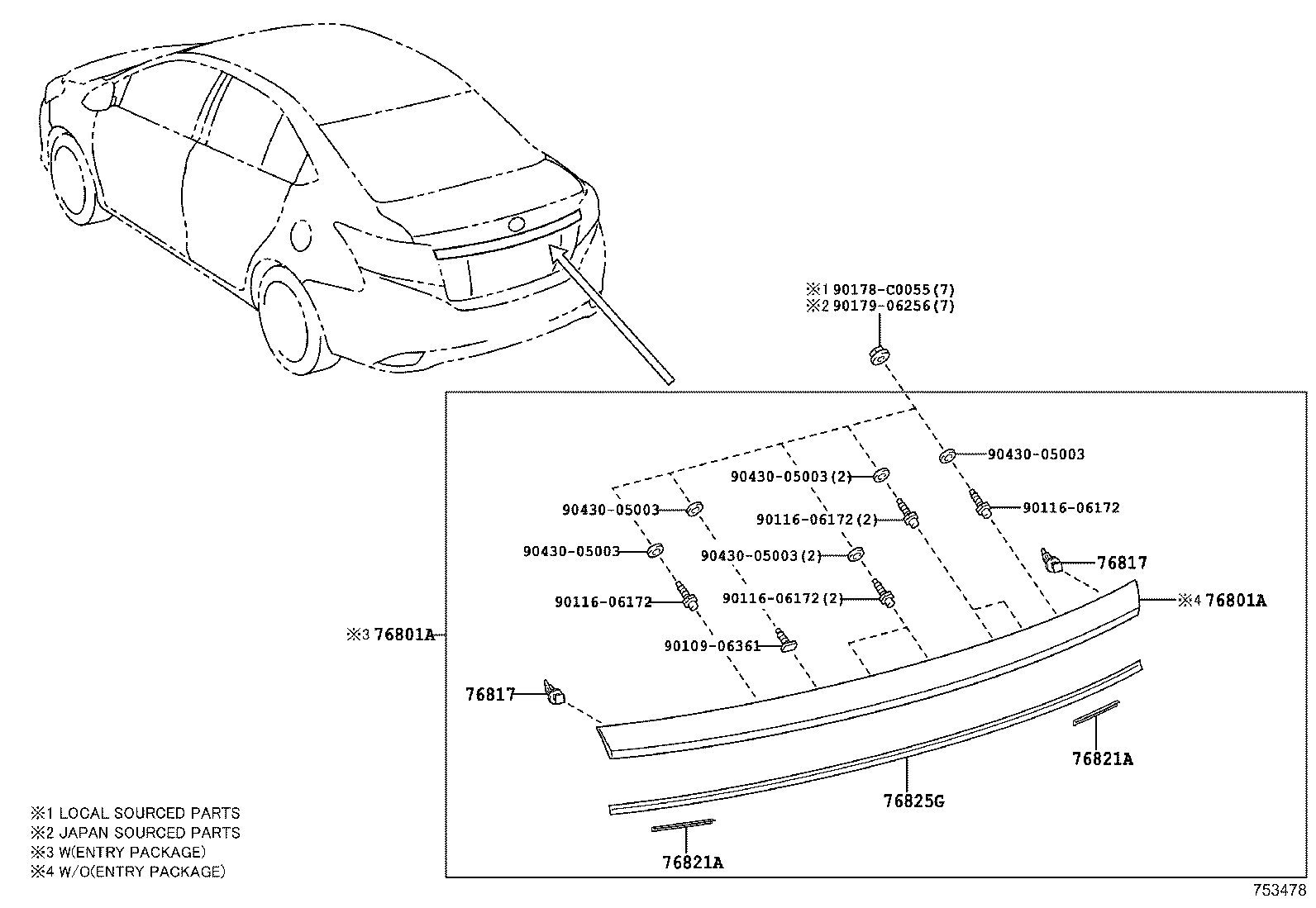 76801-0D440 GARNISH SUB-ASSY, LUGGAGE COMPARTMENT DOOR, OUTSIDE product image