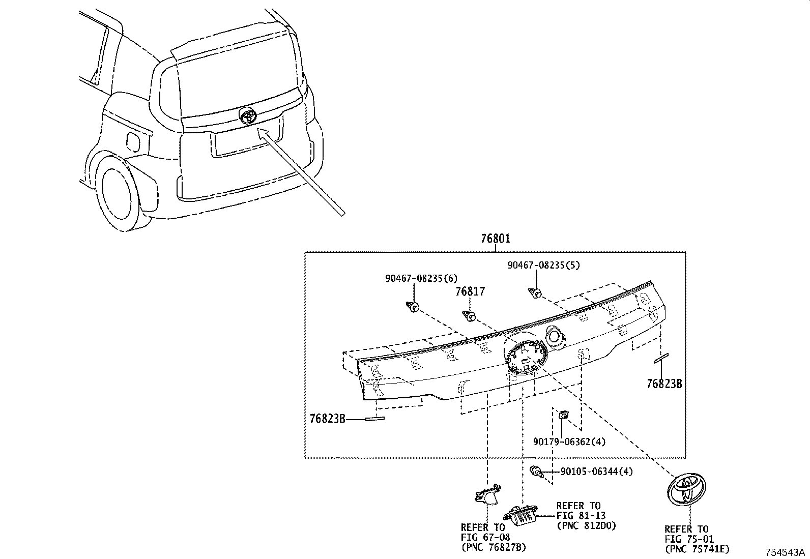 76801-52570 GARNISH SUB-ASSY, BACK DOOR, OUTSIDE product image