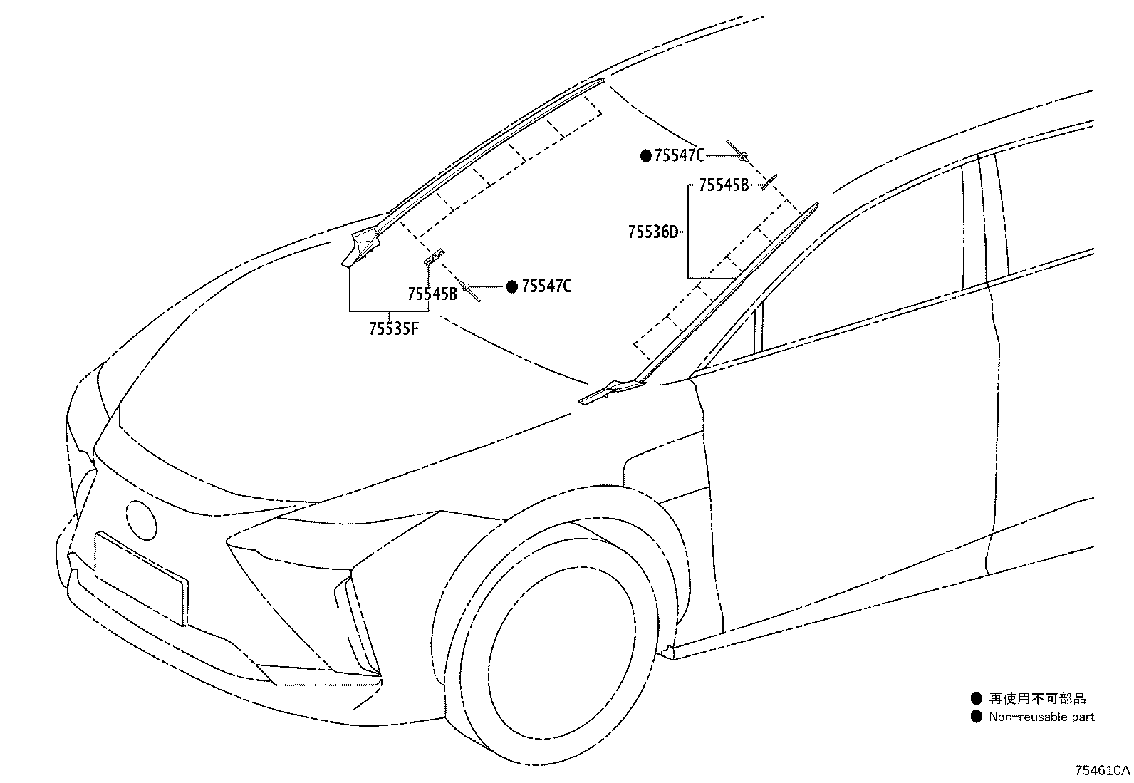 Toyota 75536-46010 MOULDING, WINDSHIELD, OUTSIDE LOWER LH