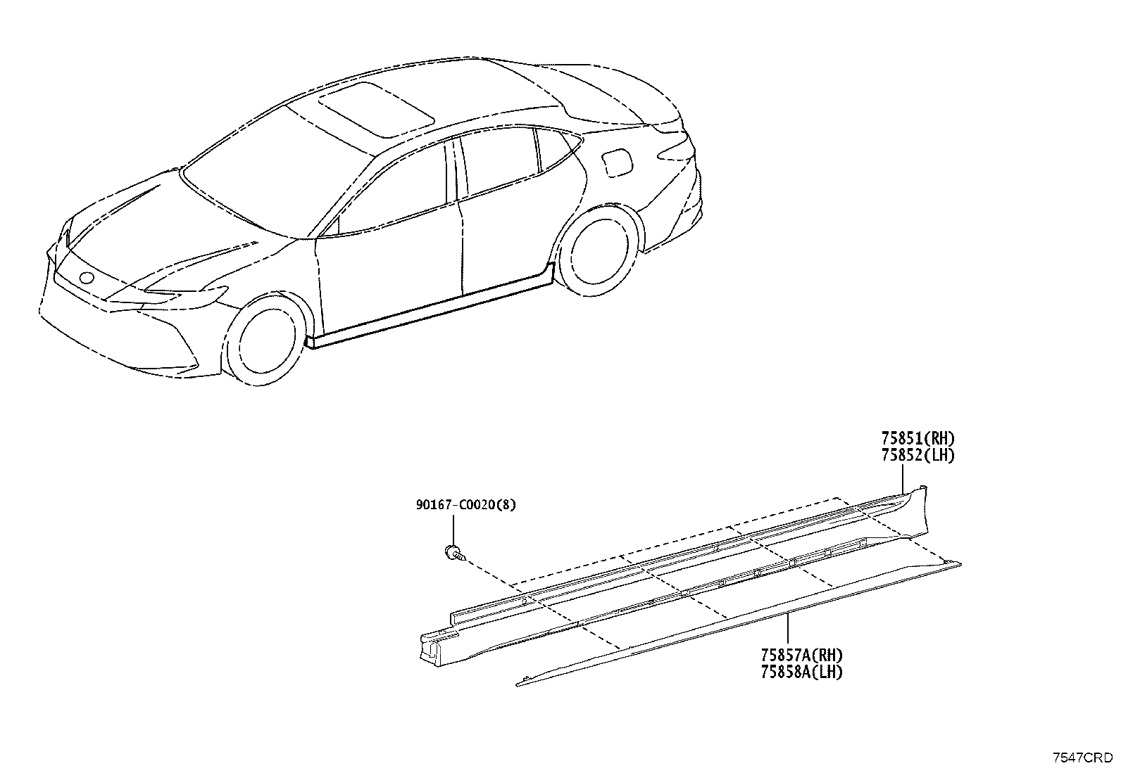 75765-06160 MOULDING, REAR DOOR WINDOW FRAME, RH(REAR PILLAR SIDE) product image