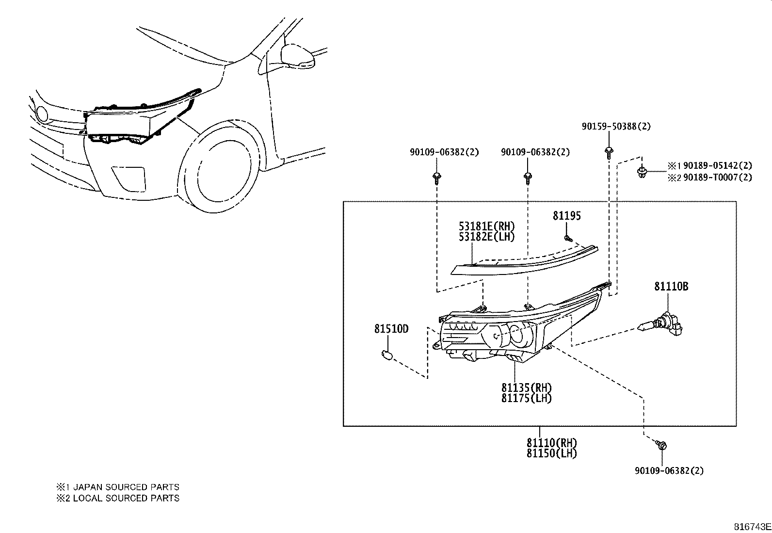 53182-02070 COVER, HEADLAMP, LH product image