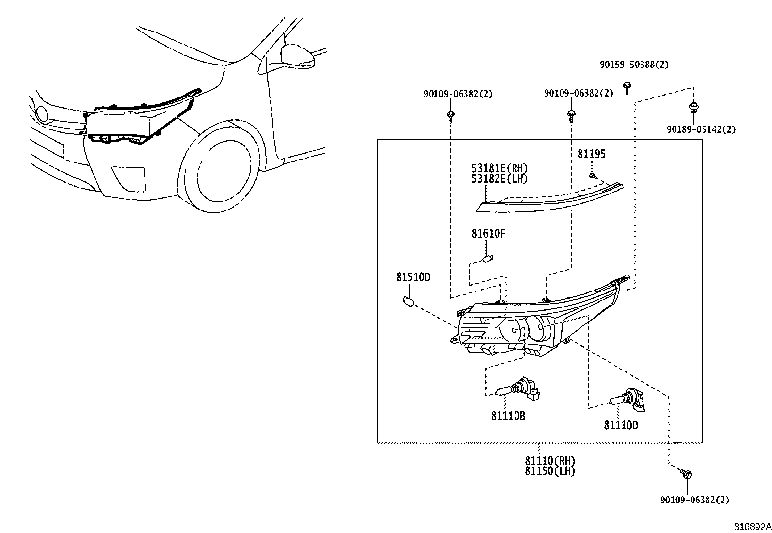 53182-02070 COVER, HEADLAMP, LH product image