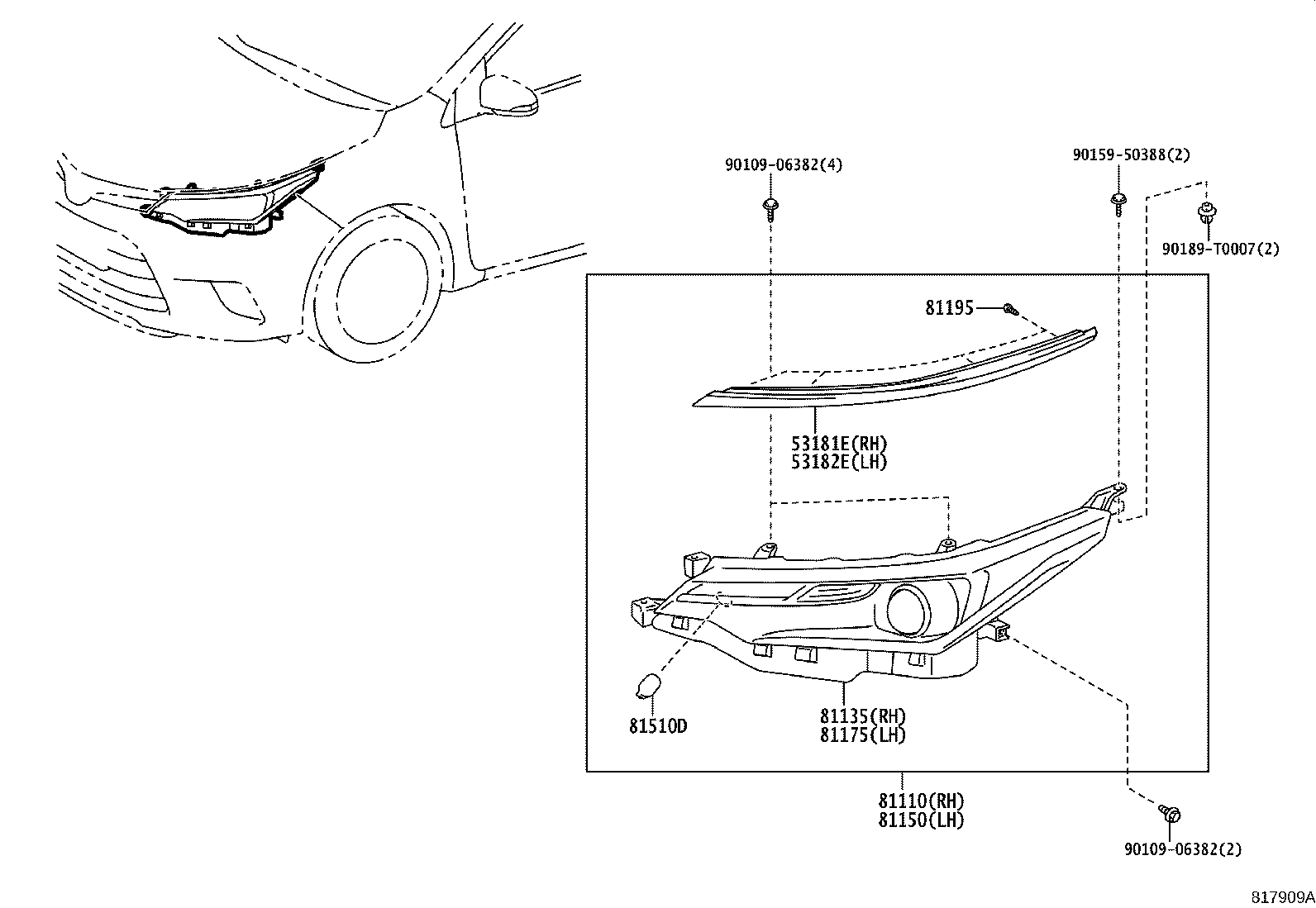 53182-02070 COVER, HEADLAMP, LH product image
