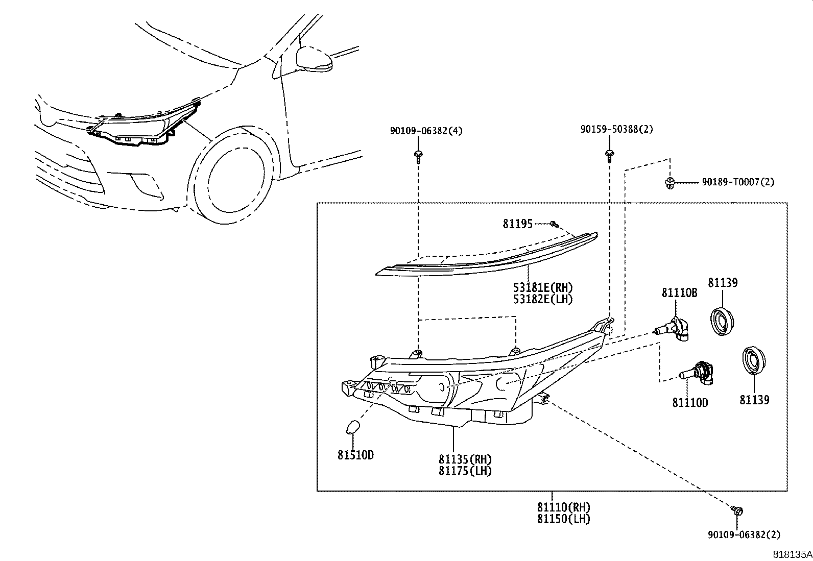 53182-02070 COVER, HEADLAMP, LH product image