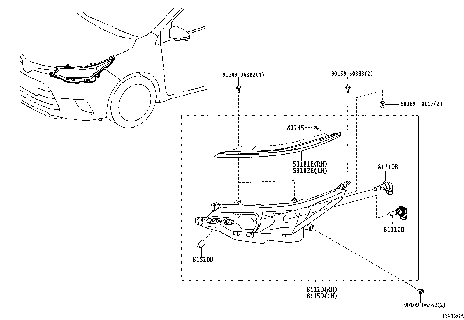 53182-02070 COVER, HEADLAMP, LH product image