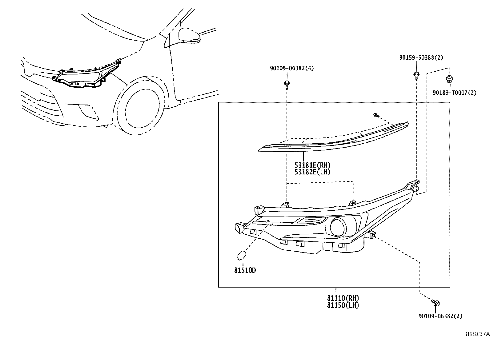 53182-02070 COVER, HEADLAMP, LH product image
