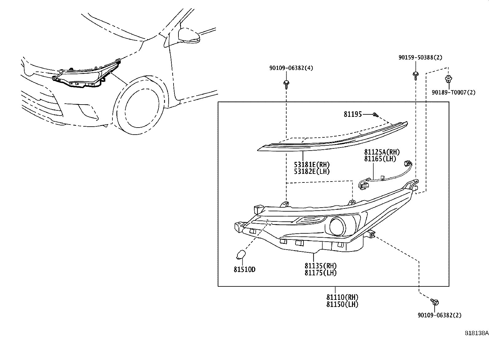 53182-02070 COVER, HEADLAMP, LH product image