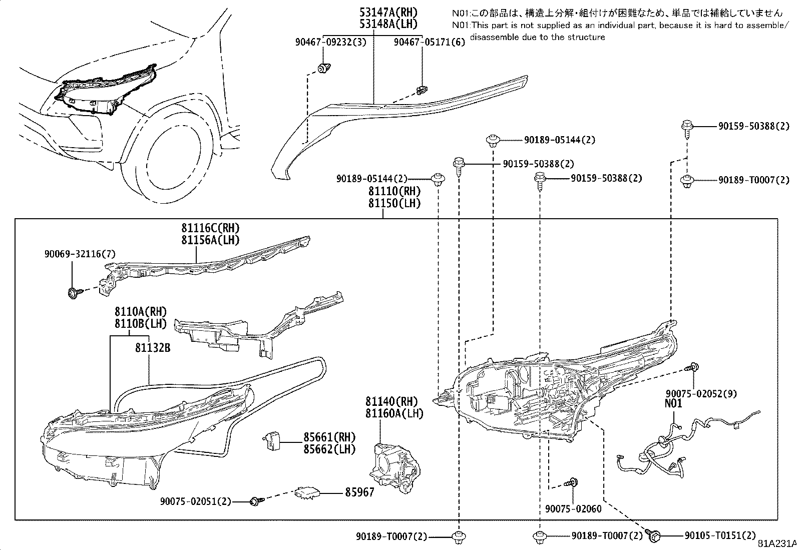 53148-0K090 GARNISH, HEADLAMP ORNAMENT, LH product image