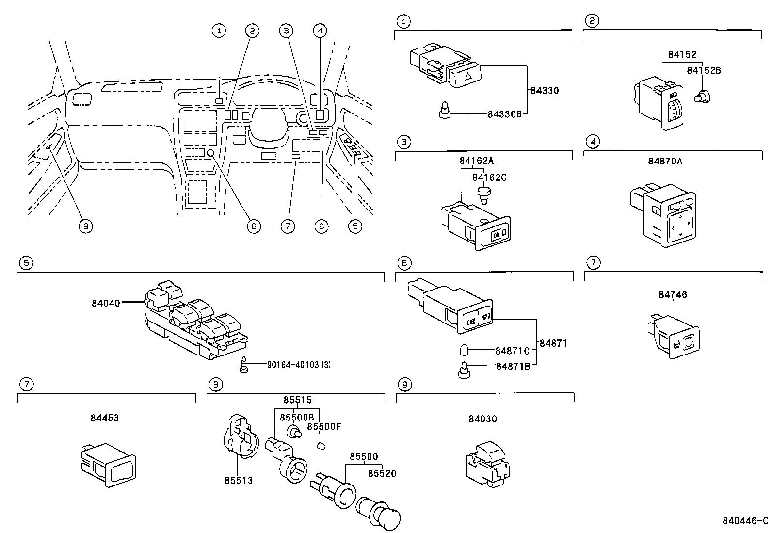 84231-22110 SWITCH ASSY, COURTESY LAMP(FOR LUGGAGE COMPARTMENT ROOM) product image