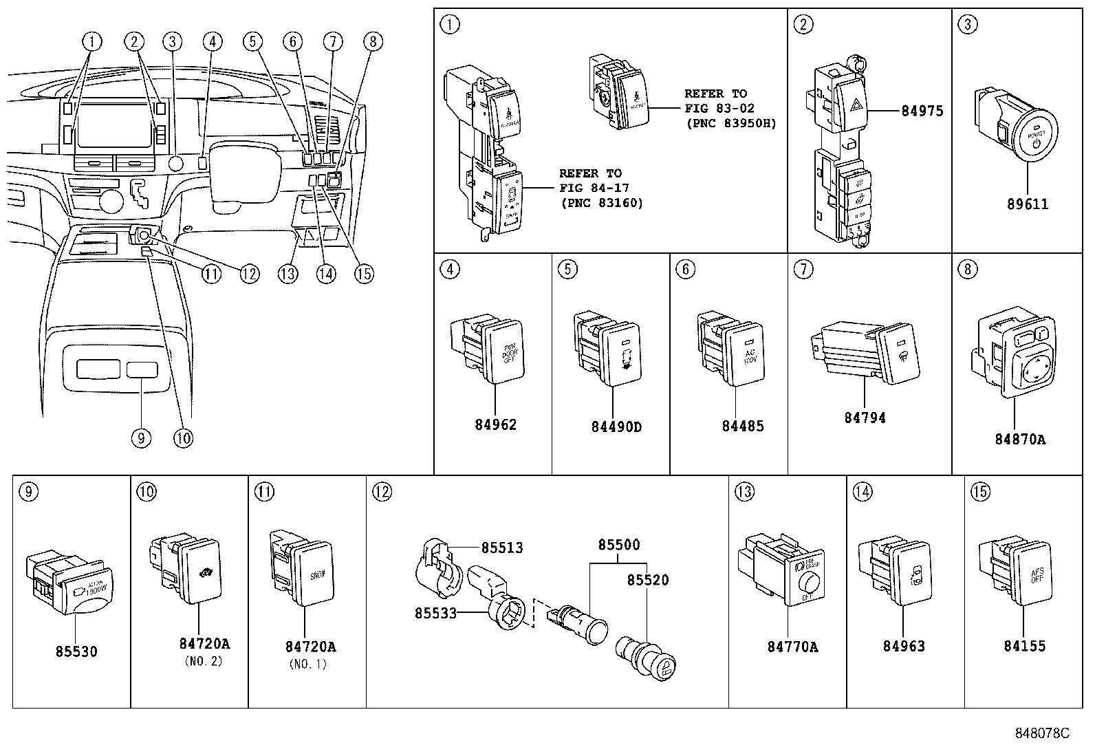 84720-28050 SWITCH ASSY, PATTERN SELECT, NO.1 product image