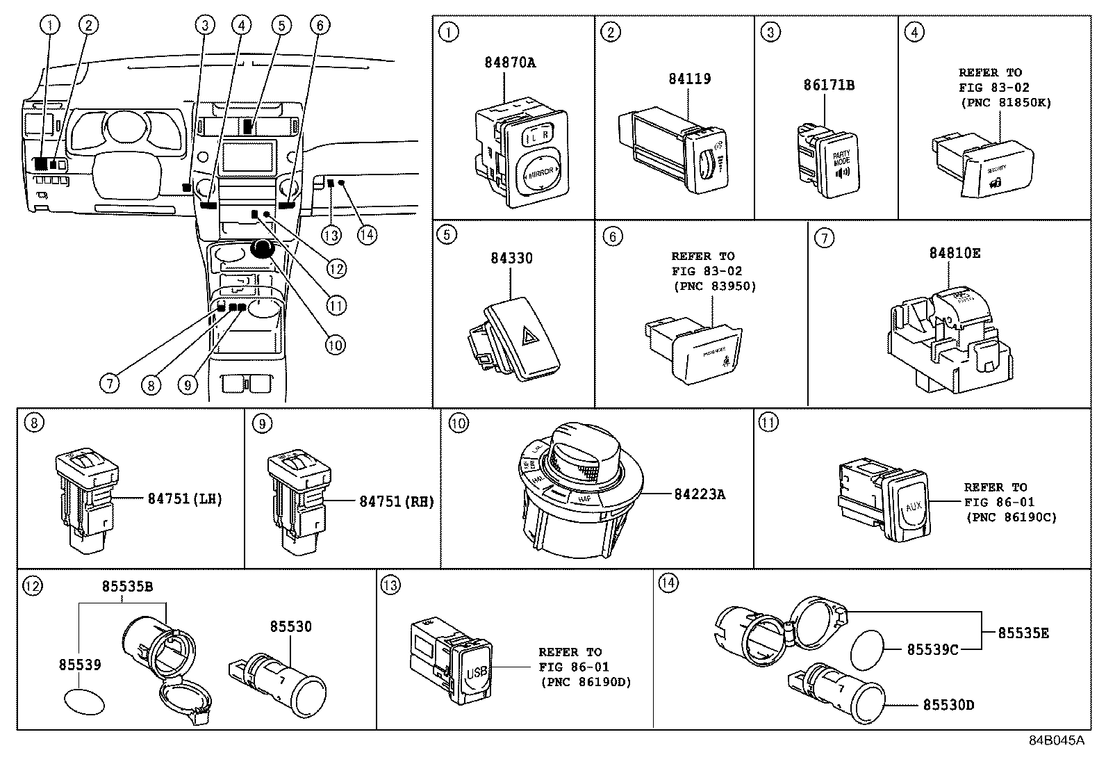 84332-35100 SWITCH ASSY, HAZARD WARNING SIGNAL product image
