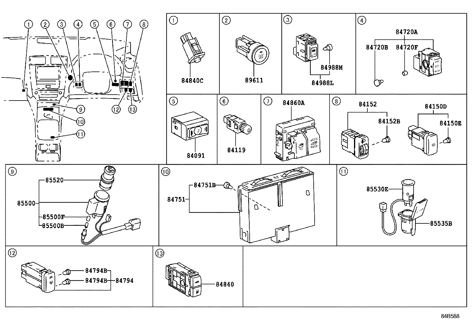 84040-53140 MASTER SWITCH ASSY, POWER WINDOW REGULATOR product image