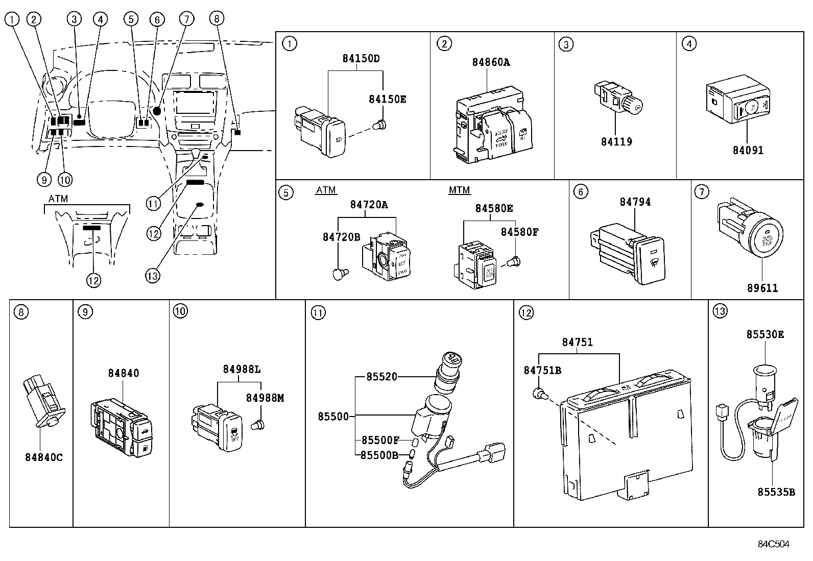 84040-53190 MASTER SWITCH ASSY, POWER WINDOW REGULATOR product image
