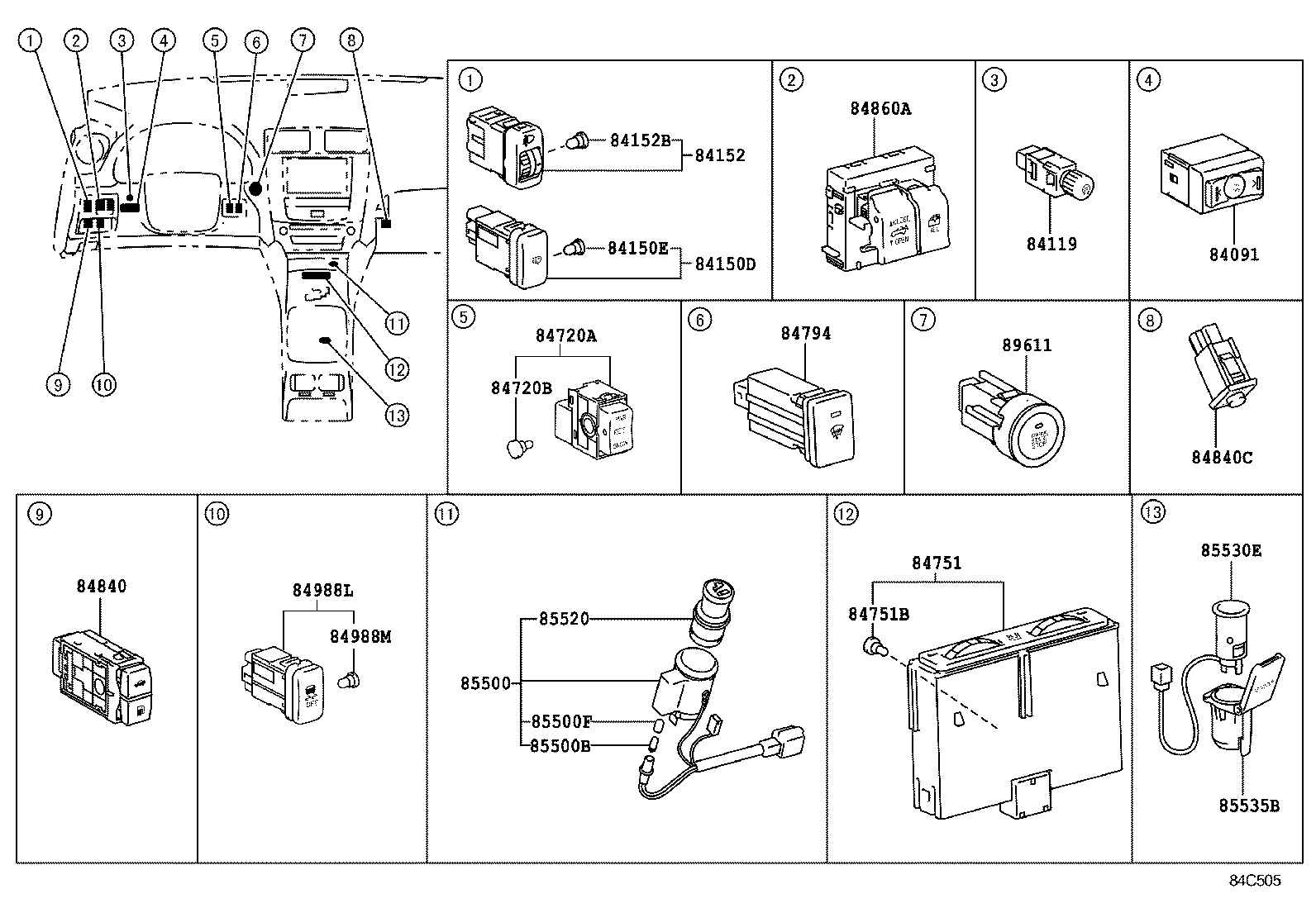 84040-53140 MASTER SWITCH ASSY, POWER WINDOW REGULATOR product image
