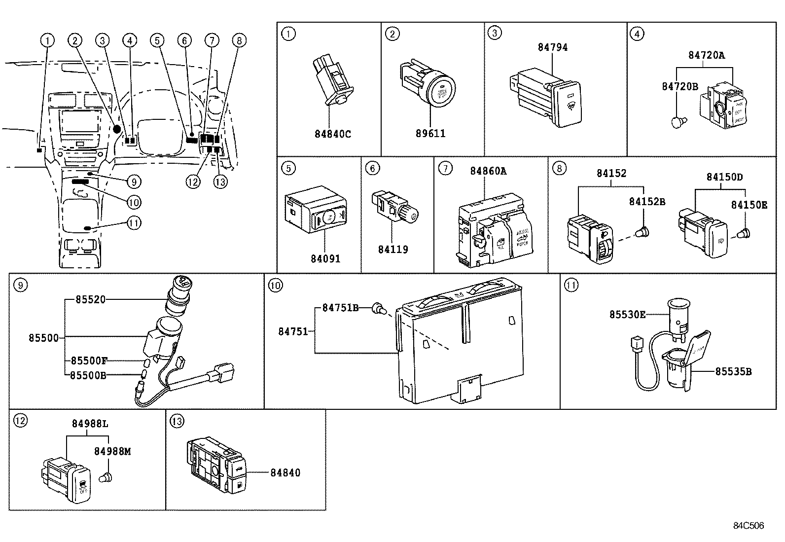 84040-53140 MASTER SWITCH ASSY, POWER WINDOW REGULATOR product image