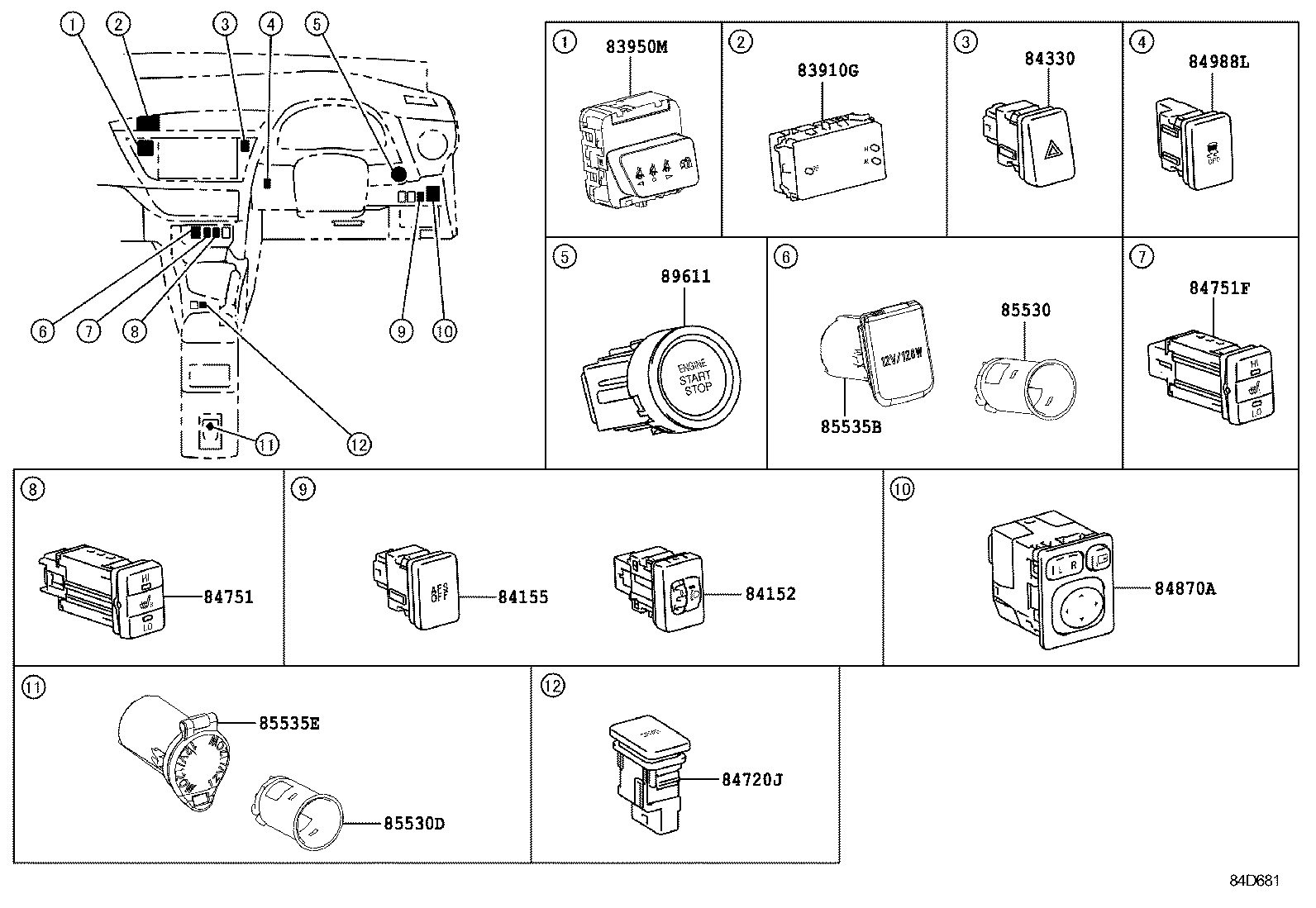 84332-12550 SWITCH ASSY, HAZARD WARNING SIGNAL product image