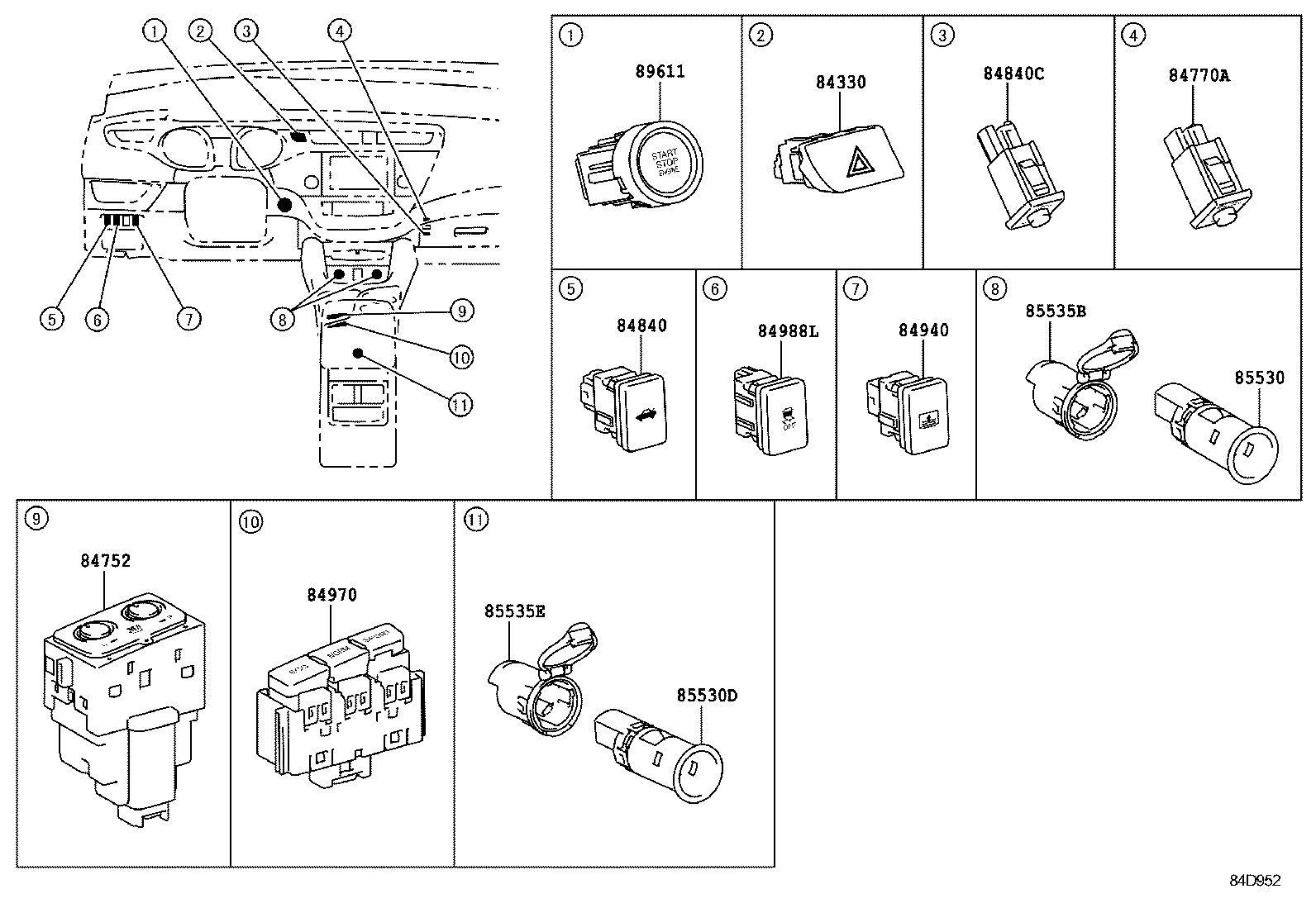 84332-07030 SWITCH ASSY, HAZARD WARNING SIGNAL product image