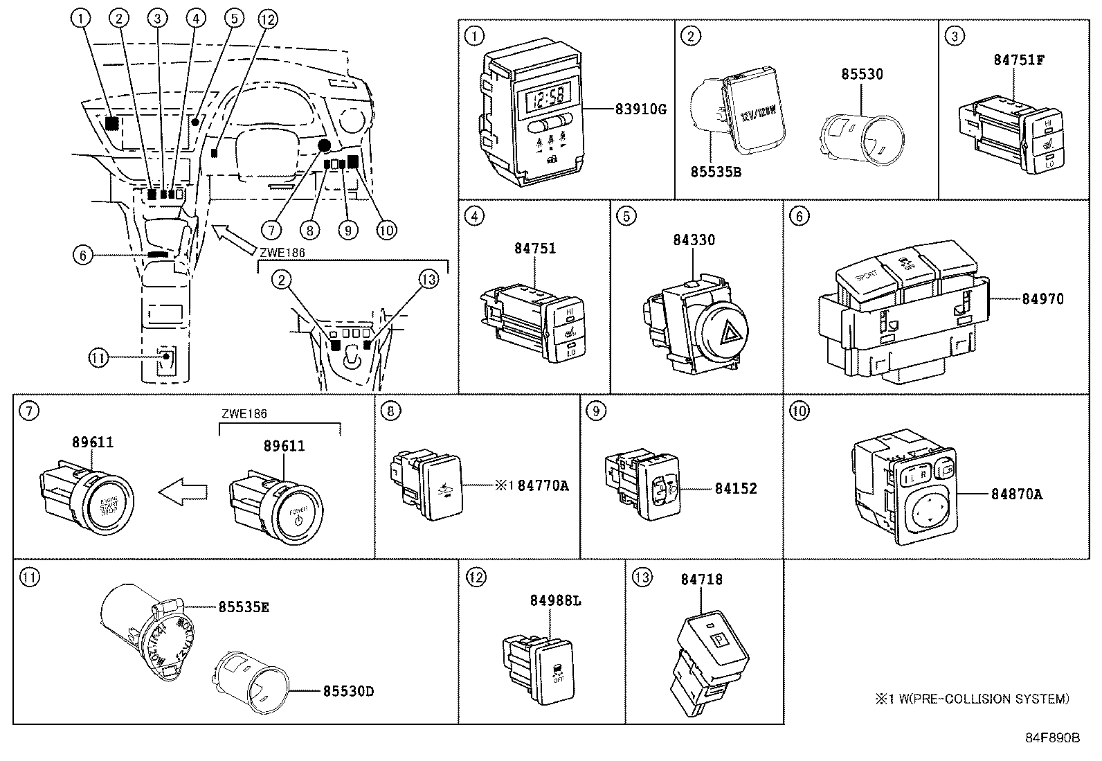 84332-12550 SWITCH ASSY, HAZARD WARNING SIGNAL product image
