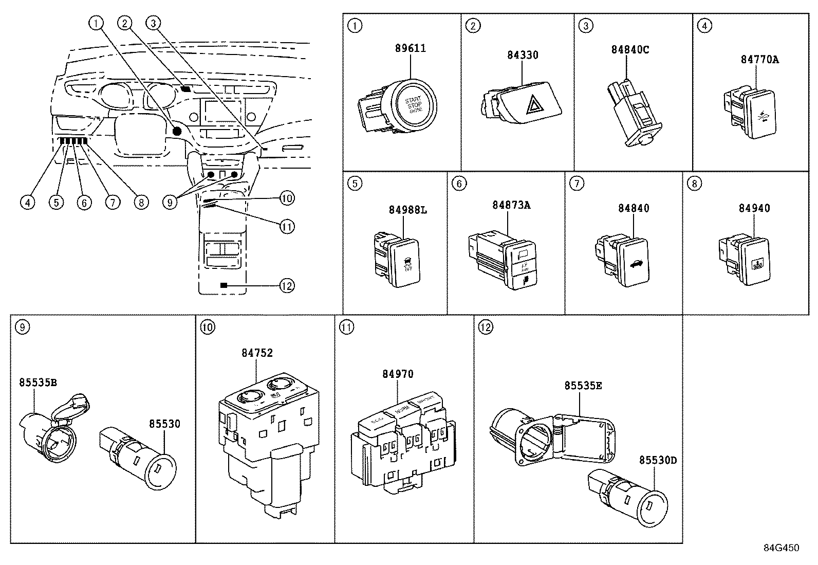 84332-07030 SWITCH ASSY, HAZARD WARNING SIGNAL product image