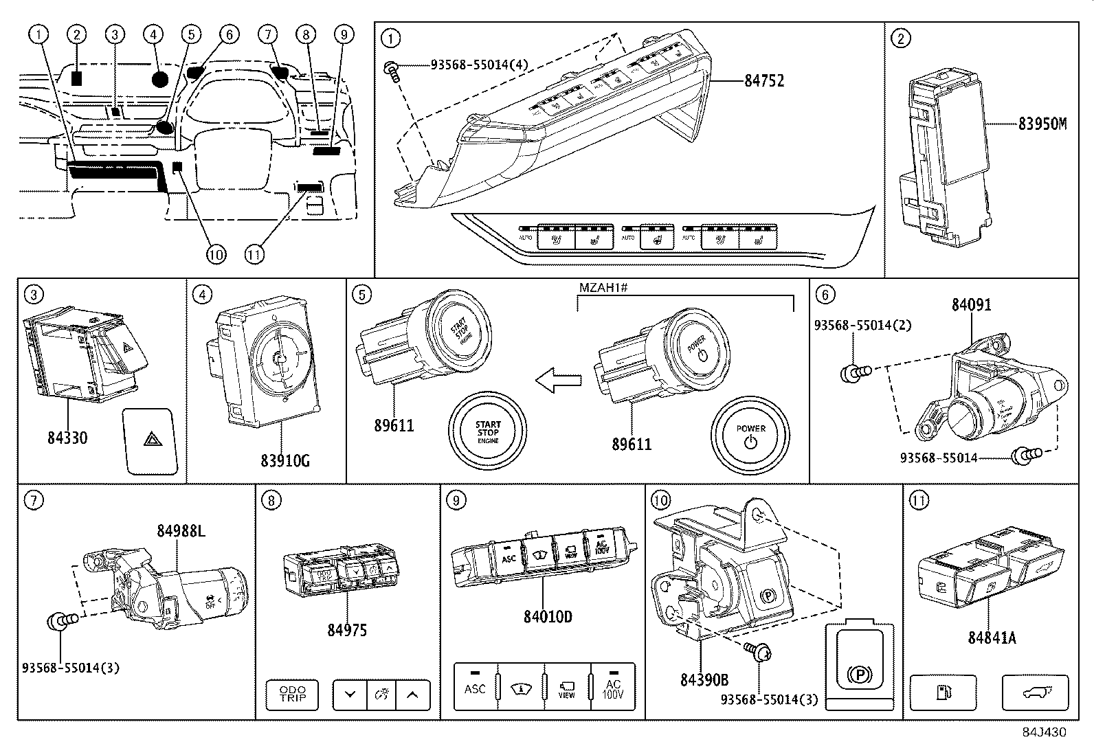 84332-76040 SWITCH ASSY, HAZARD WARNING SIGNAL product image