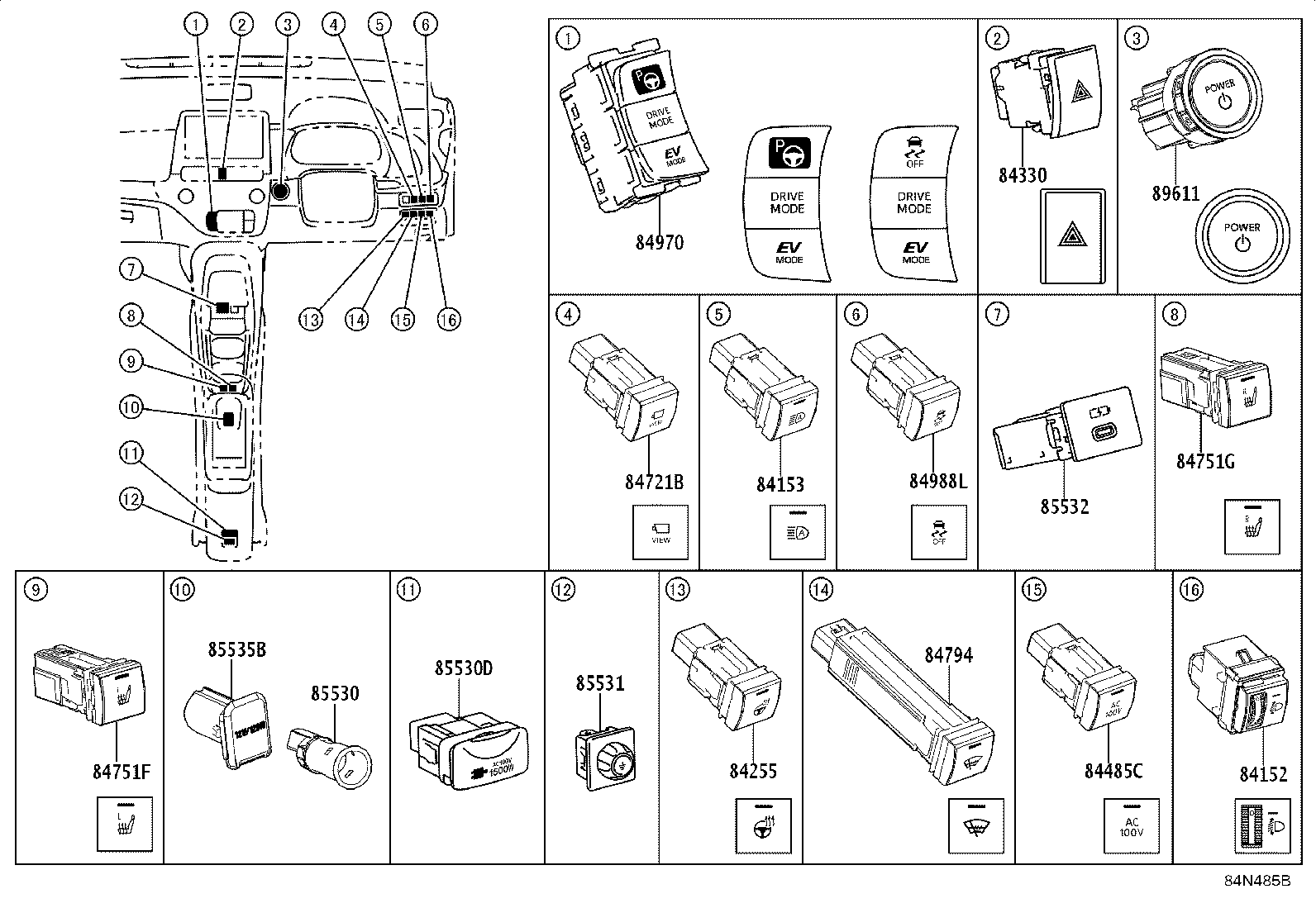 84332-52190 SWITCH ASSY, HAZARD WARNING SIGNAL product image