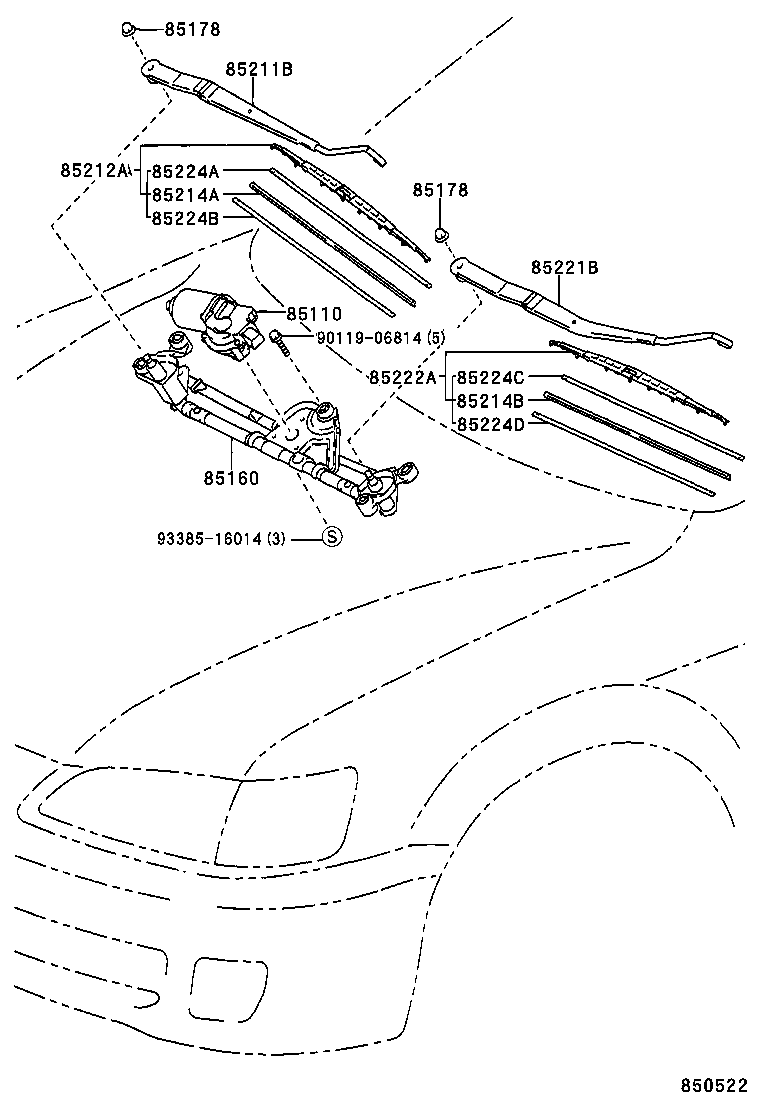 85211-33130 ARM, FRONT WIPER, RH product image