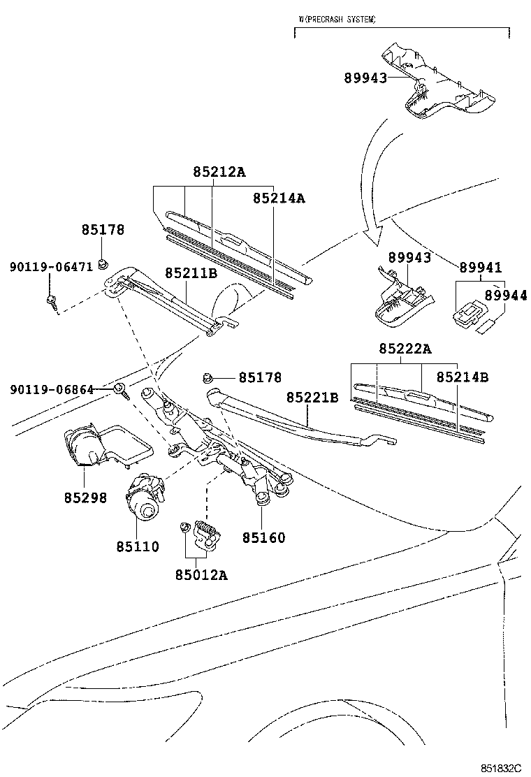 85211-50160 ARM, FRONT WIPER, RH product image