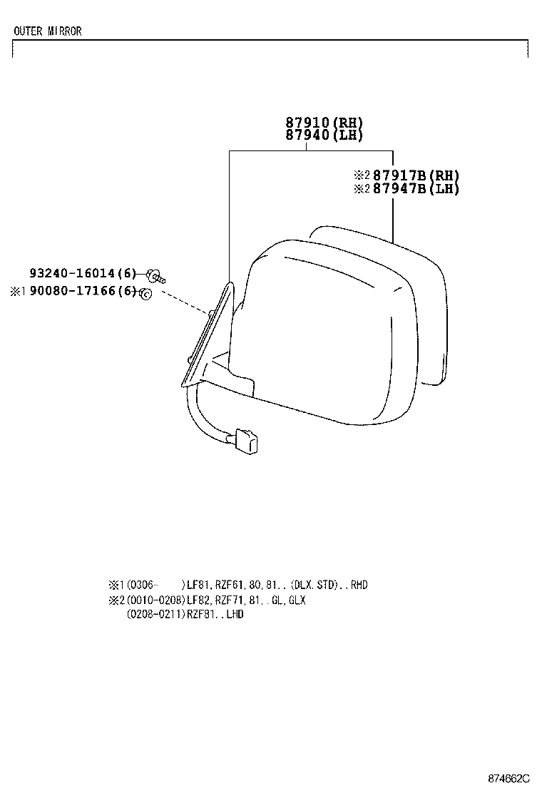 87910-0B020 MIRROR ASSY, OUTER REAR VIEW, RH product image