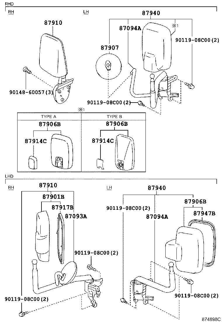 87093-0W080 STAY SUB-ASSY, OUTER REAR VIEW MIRROR, RH product image
