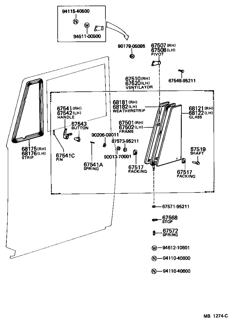 67543-95212 PIVOT SUB-ASSY, VENT WINDOW, UPPER RH product image