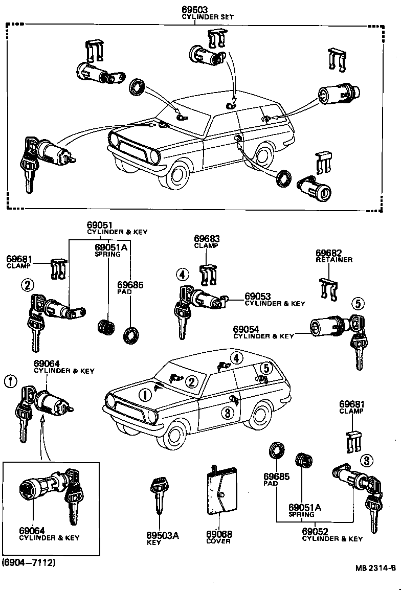 69052-11010 CYLINDER & KEY SET, DOOR LOCK, LH product image