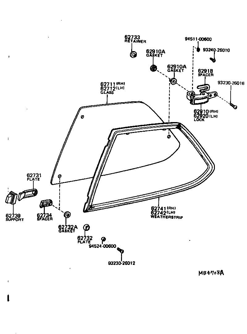 Toyota 62711-21020 GLASS, QUARTER WINDOW, RH