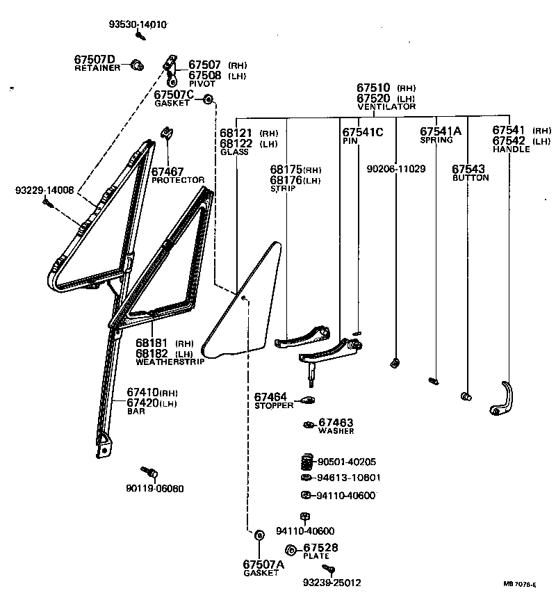 67505-95401 PIVOT SUB-ASSY, VENT WINDOW, UPPER RH product image