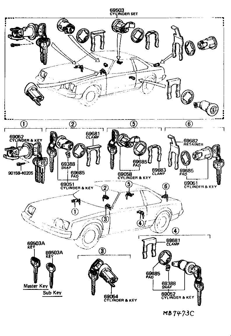 Toyota 69005-19405 CYLINDER SET, LOCK