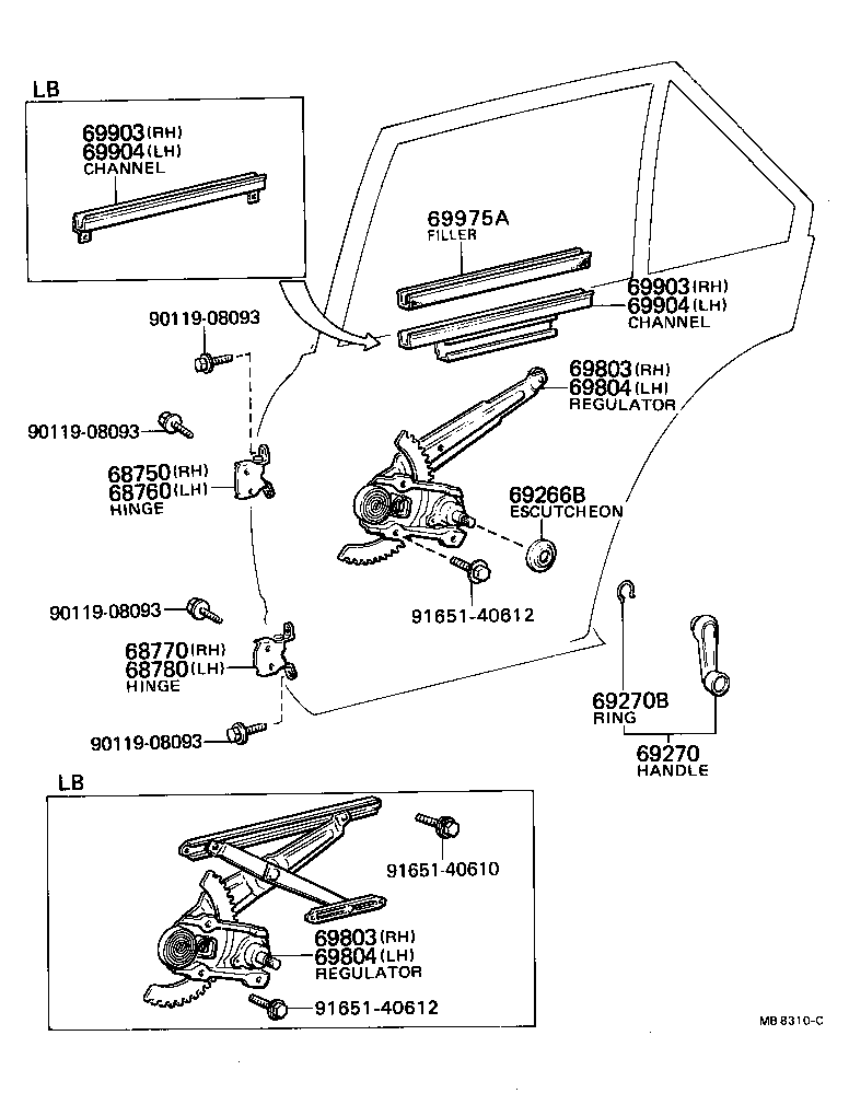 Toyota 69830-20050 REGULATOR SUB-ASSY, REAR DOOR WINDOW, RH