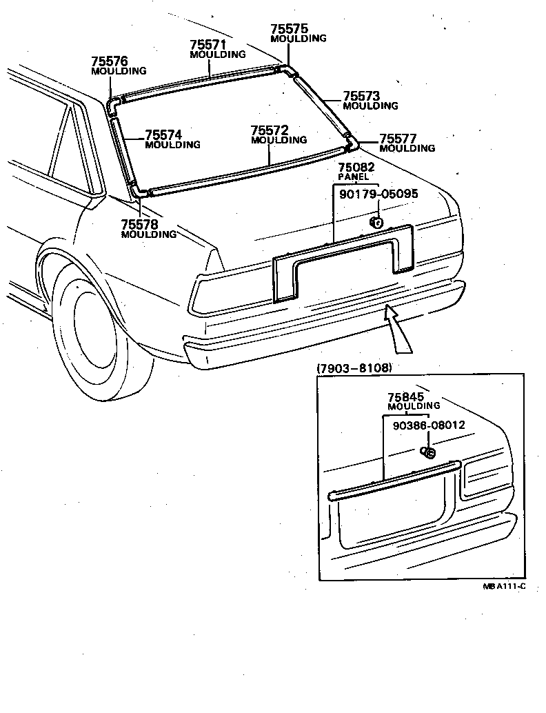 75581-12110 MOULDING, BACK WINDOW CORNER, UPPER RH product image
