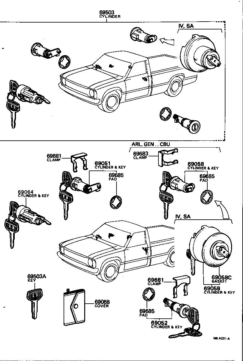 69057-92301 CYLINDER & KEY SET, IGNITION SWITCH LOCK product image