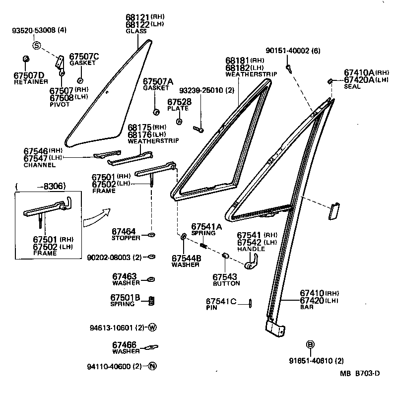 67507-90A00 PIVOT SUB-ASSY, VENT WINDOW, UPPER RH product image